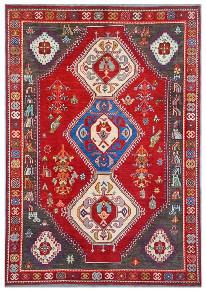 Classic Kazak carpet, Red, handmade, 243x170cm