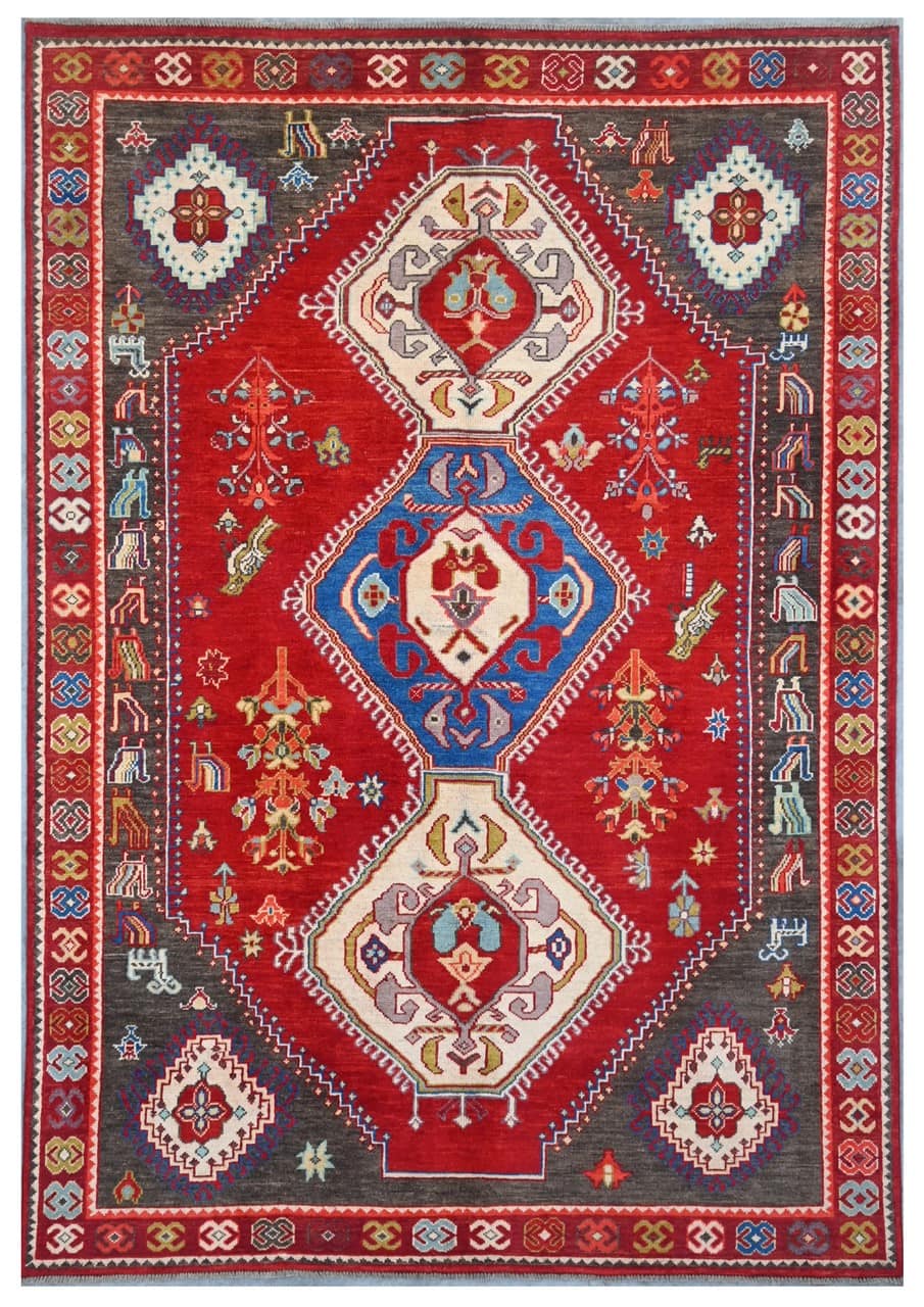 Classic Kazak carpet, Red, handmade, 243x170cm