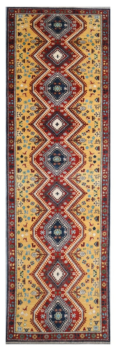 Tappeto Passatoia Kazak Classico, Multicolore, fatto a mano, 346x88cm