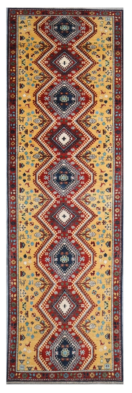 Tappeto Passatoia Kazak Classico, Multicolore, fatto a mano, 346x88cm