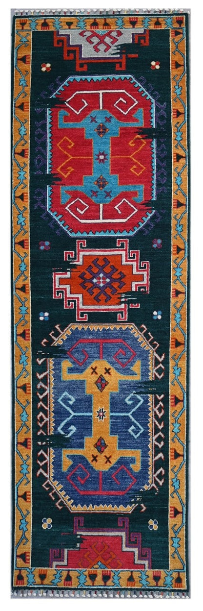 Tappeto Passatoia Kazak Classico, Multicolore, fatto a mano, 295x80cm