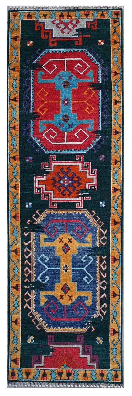 Tappeto Passatoia Kazak Classico, Multicolore, fatto a mano, 295x80cm