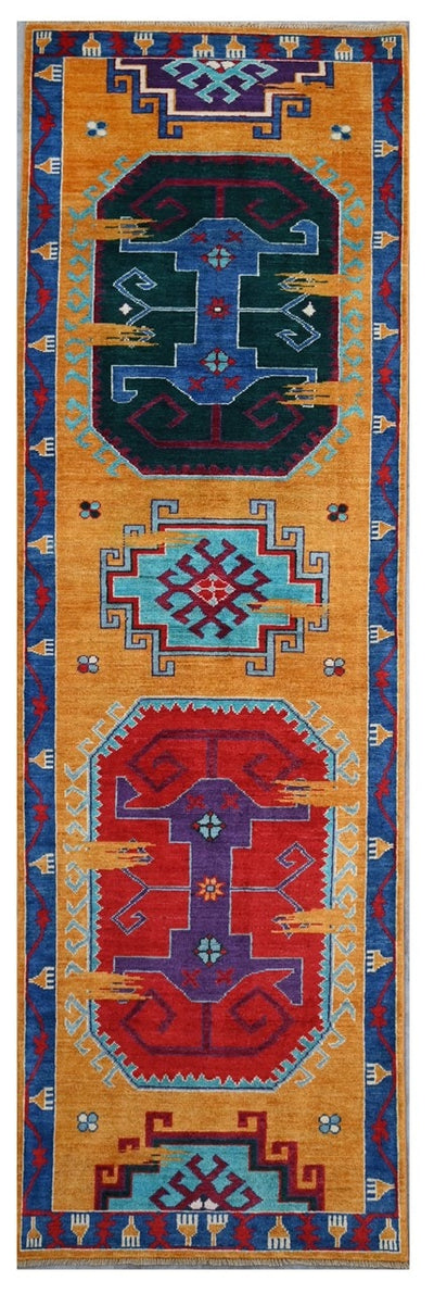 Tappeto Passatoia Kazak Classico, Arancione, fatto a mano, 299x80cm - CarpetLiving