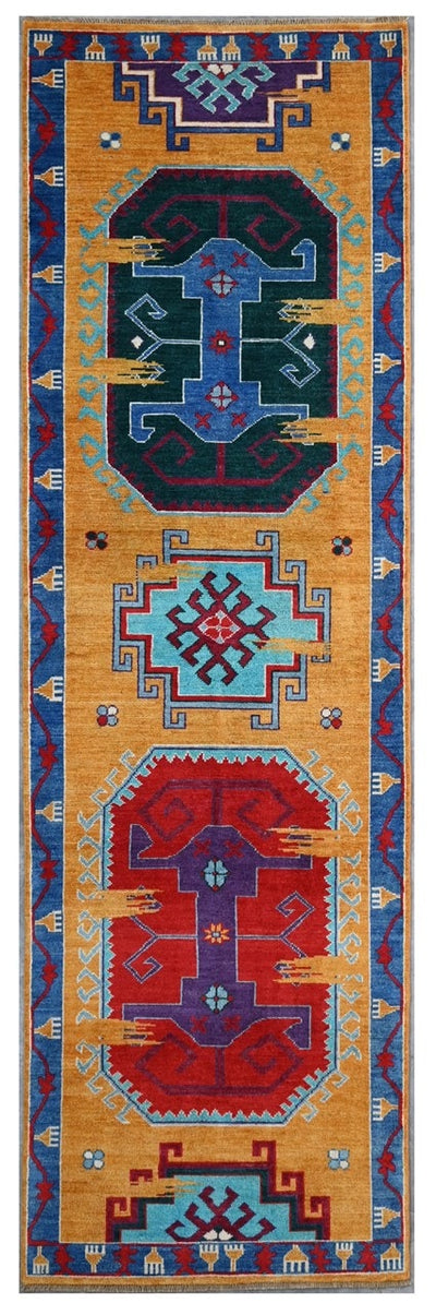 Tappeto Passatoia Kazak Classico, Multicolore, fatto a mano, 298x80cm - CarpetLiving