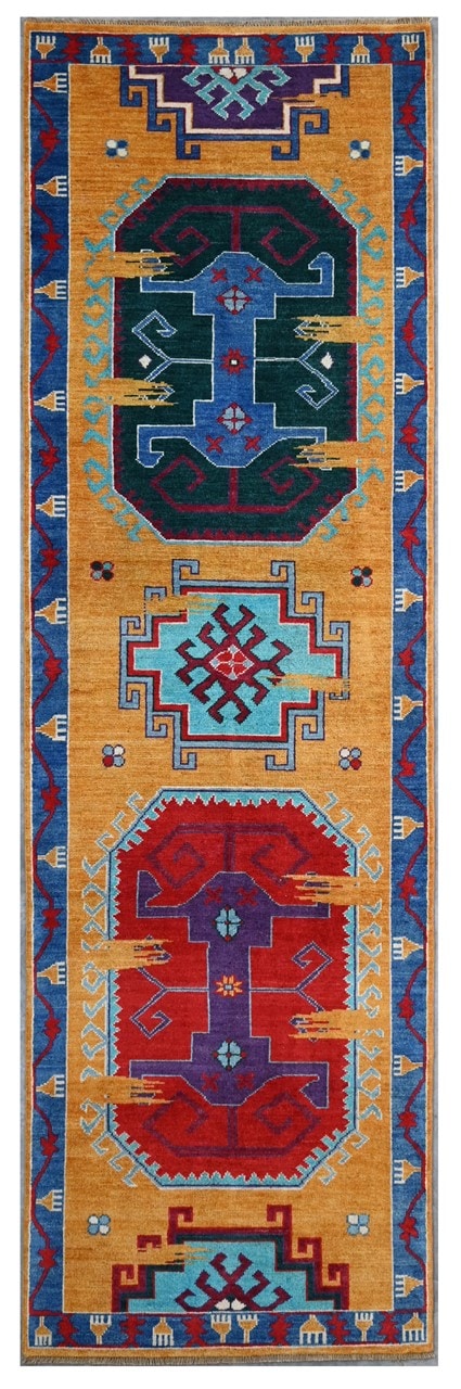 Tappeto Passatoia Kazak Classico, Multicolore, fatto a mano, 298x80cm