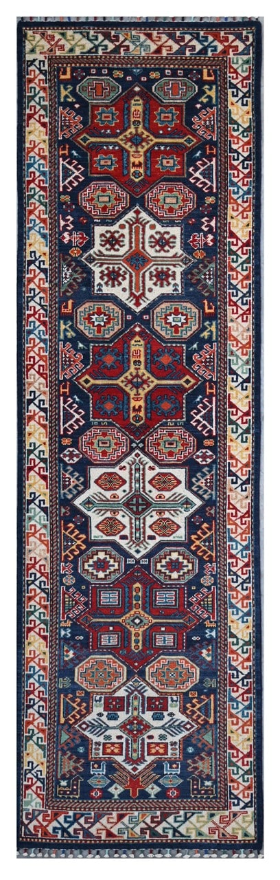 Tappeto Passatoia Kazak Classico, Multicolore, fatto a mano, 303x78cm
