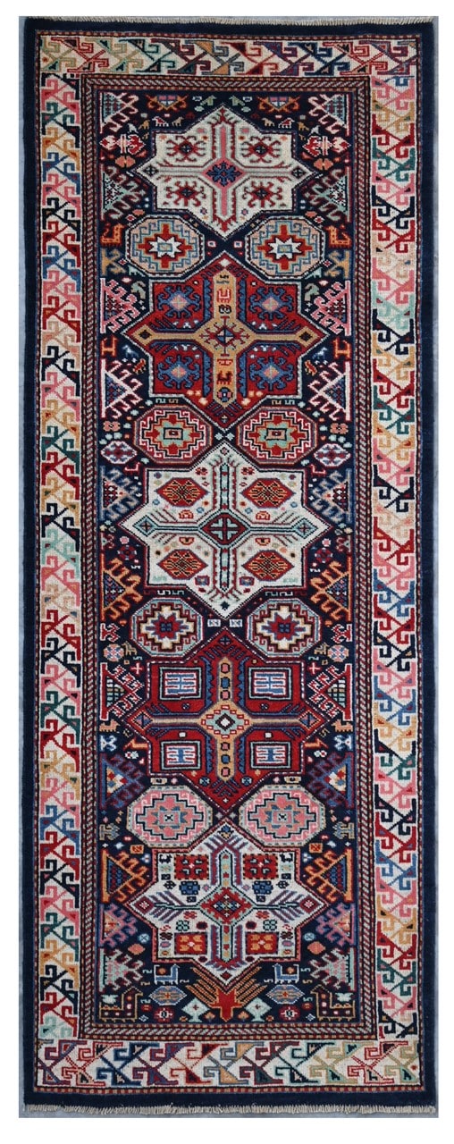 Tappeto Passatoia Kazak Classico, Multicolore, fatto a mano, 252x83cm