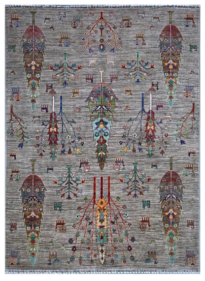 Tappeto Afghan grigio in lana, fatto a mano 240x175cm