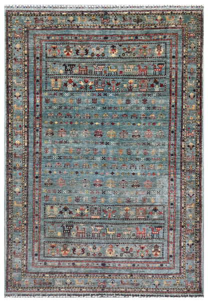 Afghan wool carpet green, handmade 252x173cm