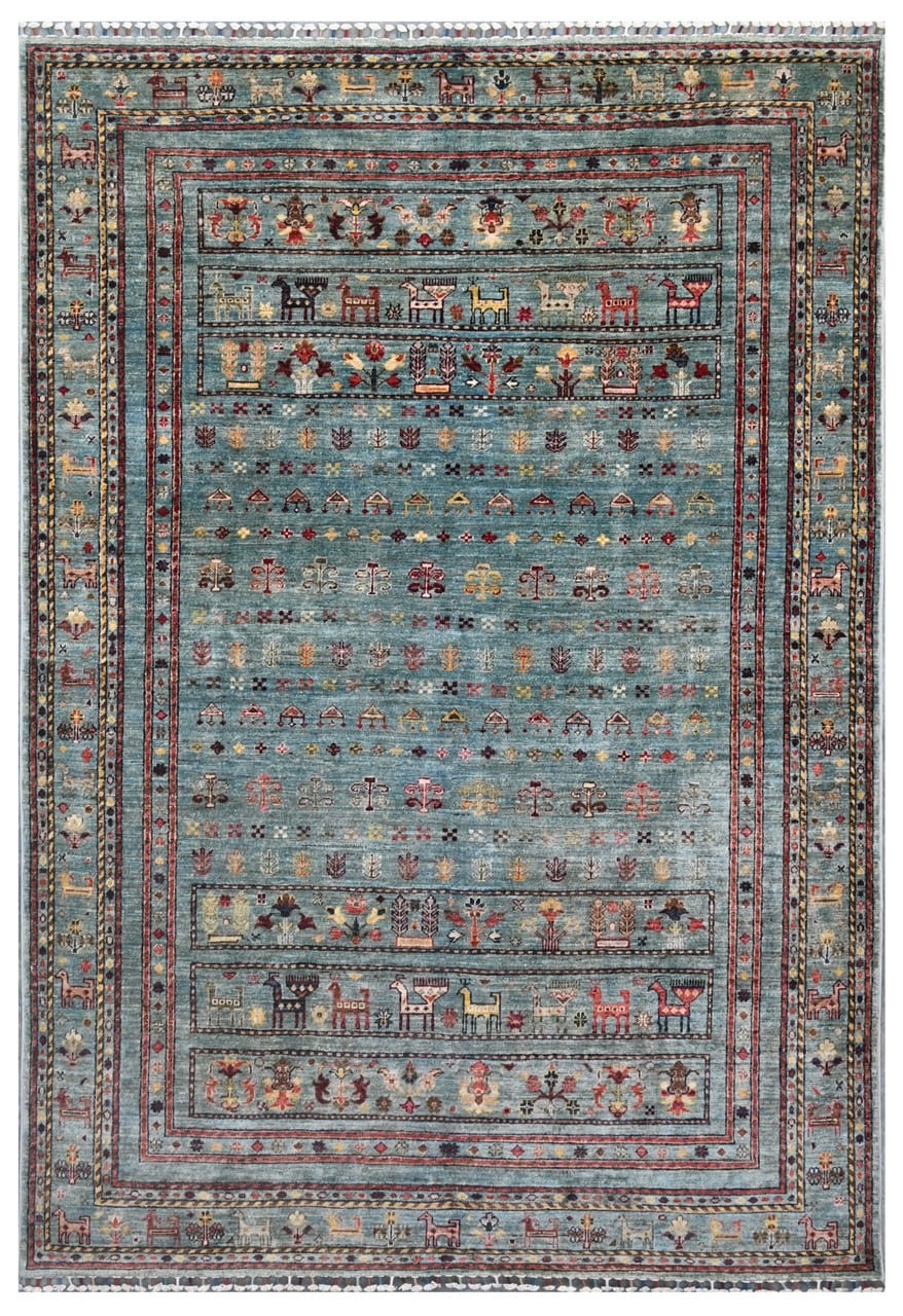 Afghan wool carpet green, handmade 252x173cm