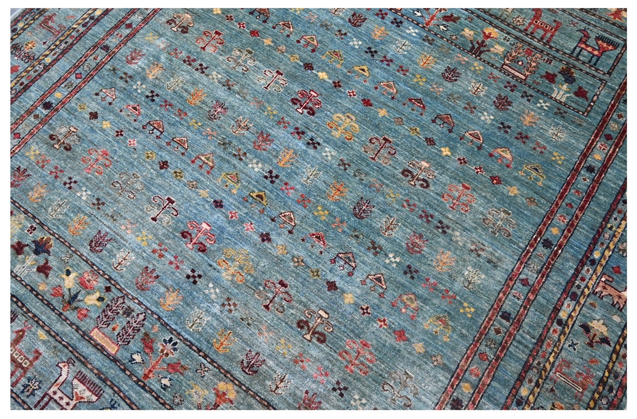 Afghan wool carpet green, handmade 252x173cm