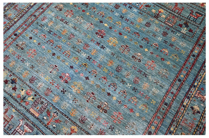 Afghan wool carpet green, handmade 252x173cm