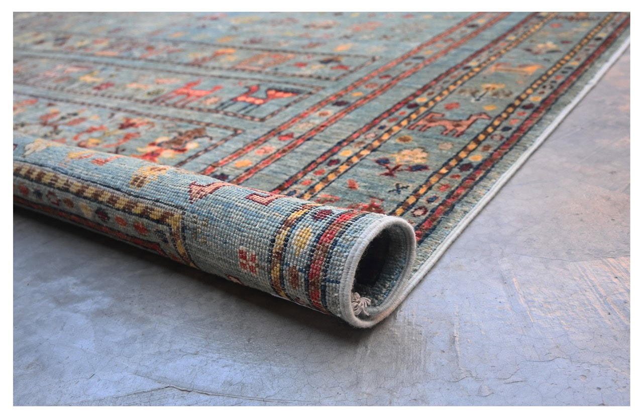 Afghan wool carpet green, handmade 252x173cm