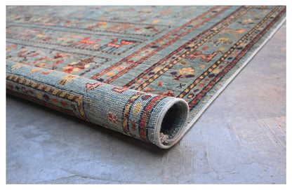 Afghan wool carpet green, handmade 252x173cm
