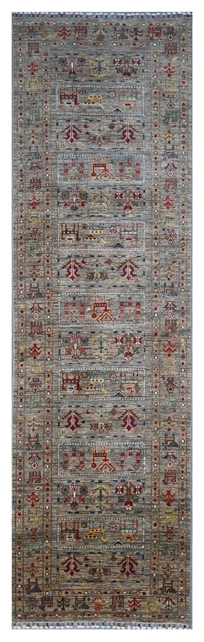 Tappeto passatoia Afghan grigio in lana, fatto a mano 302x81cm - CarpetLiving