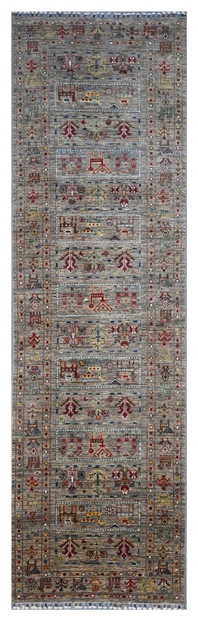 Afghan wool runner rug grey, handmade 302x81cm