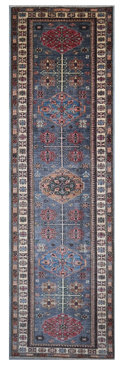 Classic Kazak runner rug, Blue, handmade, 305x80cm