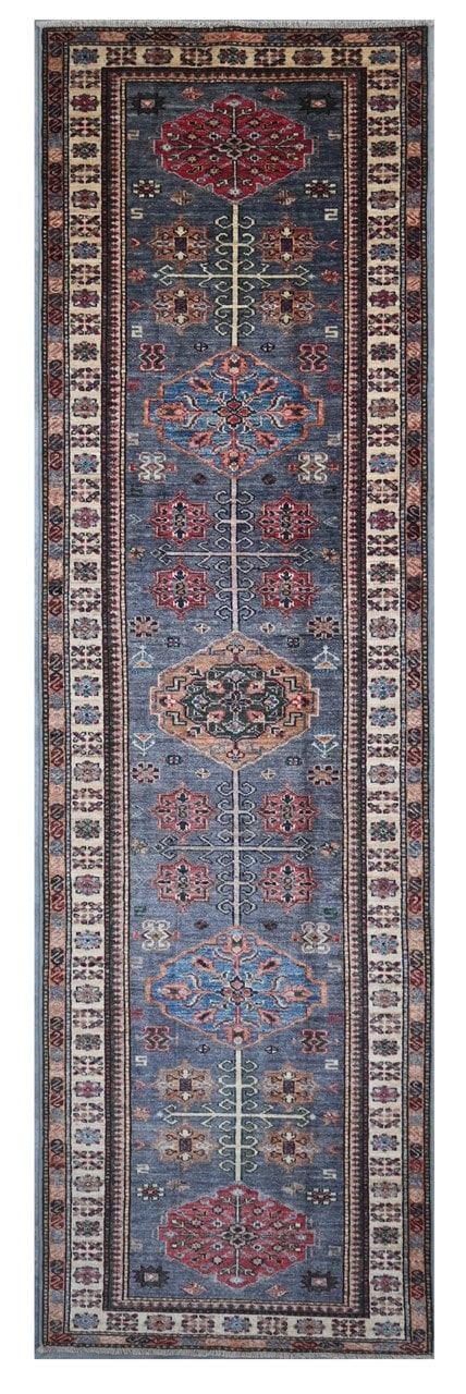 Classic Kazak runner rug, Blue, handmade, 305x80cm