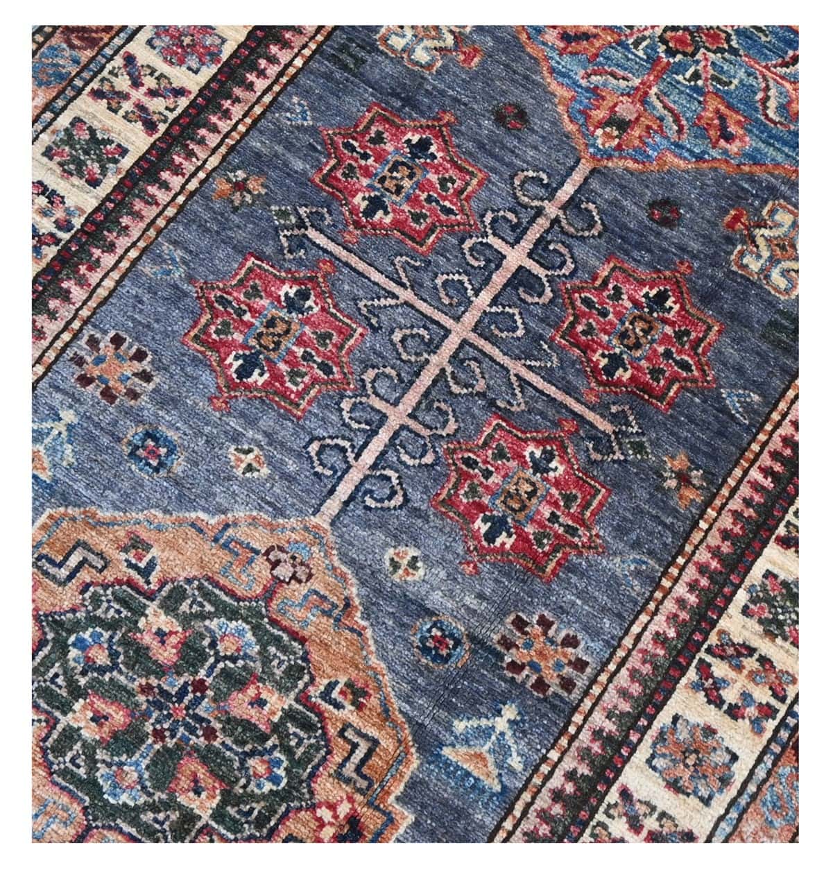 Classic Kazak runner rug, Blue, handmade, 305x80cm