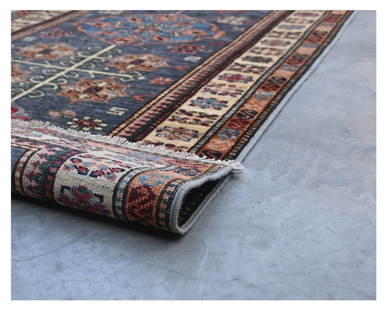 Classic Kazak runner rug, Blue, handmade, 305x80cm