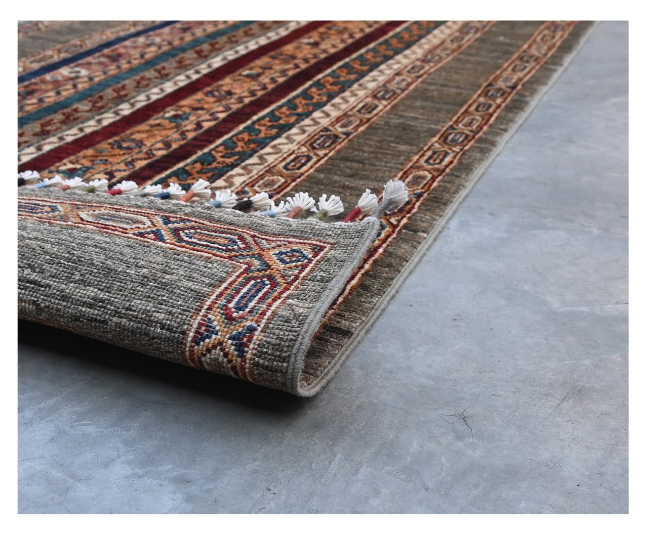 Afghan wool runner rug grey, handmade 304x78cm