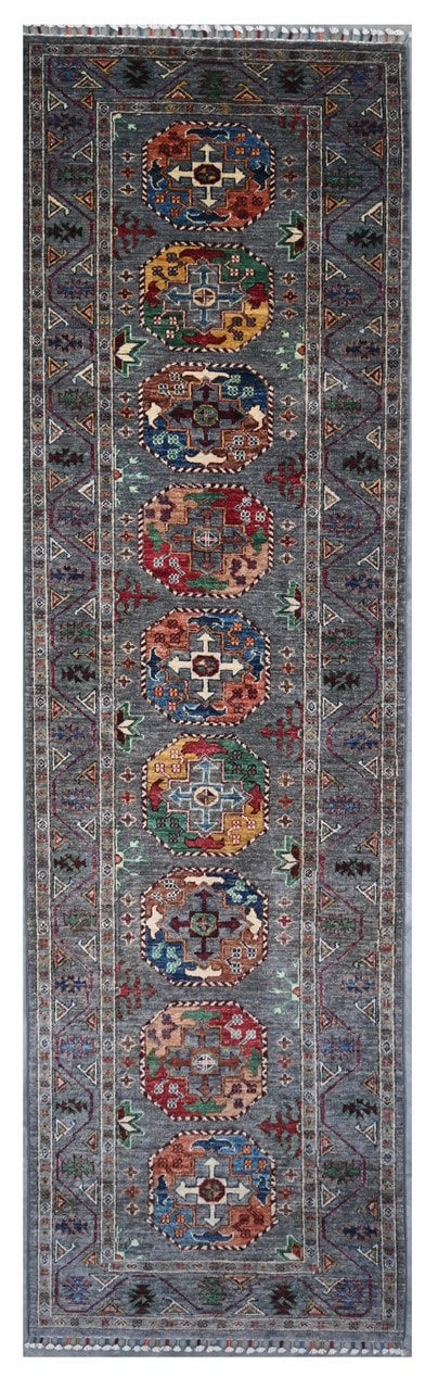 Afghan wool runner rug grey, handmade 301x84cm