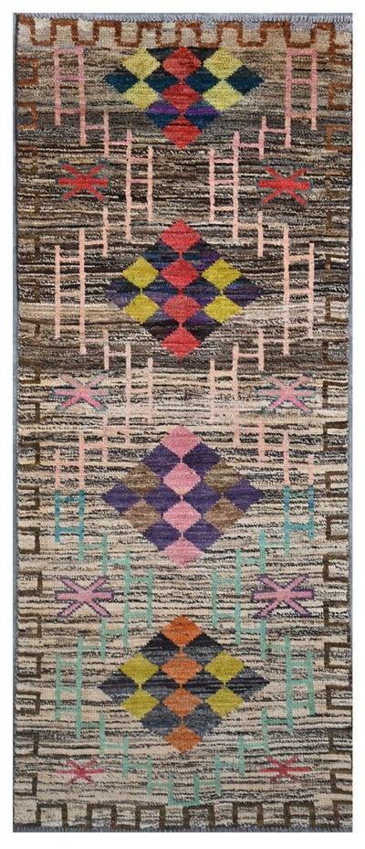 Taimany - Tappeto Tribale in Lana Multicolore - Fatto a Mano 203x77cm - CarpetLiving