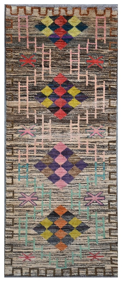 Taimany - Multicolor Tribal Wool Rug - Hand-Knotted 203x77cm