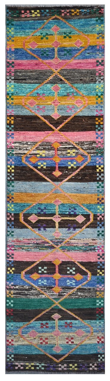 Taimany - Tappeto Passatoia Tribale in Lana Multicolore - Fatto a Mano 279x69cm - CarpetLiving