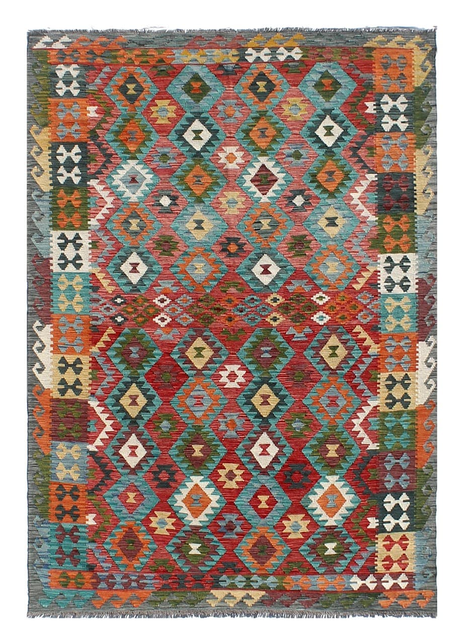 Tappeto Kilim Kaudani Afghan fatto a mano multicolore 302x200cm