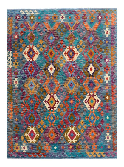 Tappeto Kilim Kaudani Afghan fatto a mano multicolore 297x201cm