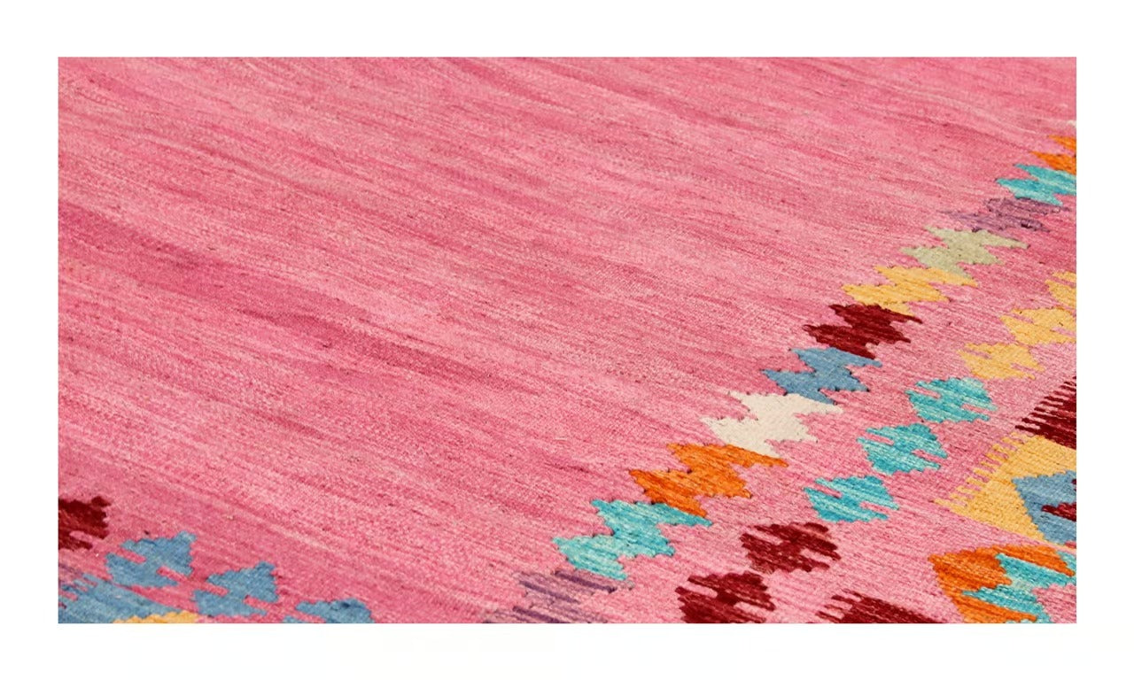 Tappeto Kilim Artigianale in pura Lana Rosa - Fatto a mano 291x239 cm