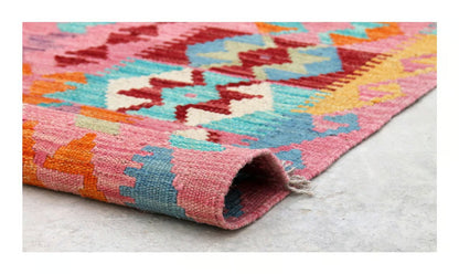 Tappeto Kilim Artigianale in pura Lana Rosa - Fatto a mano 291x239 cm