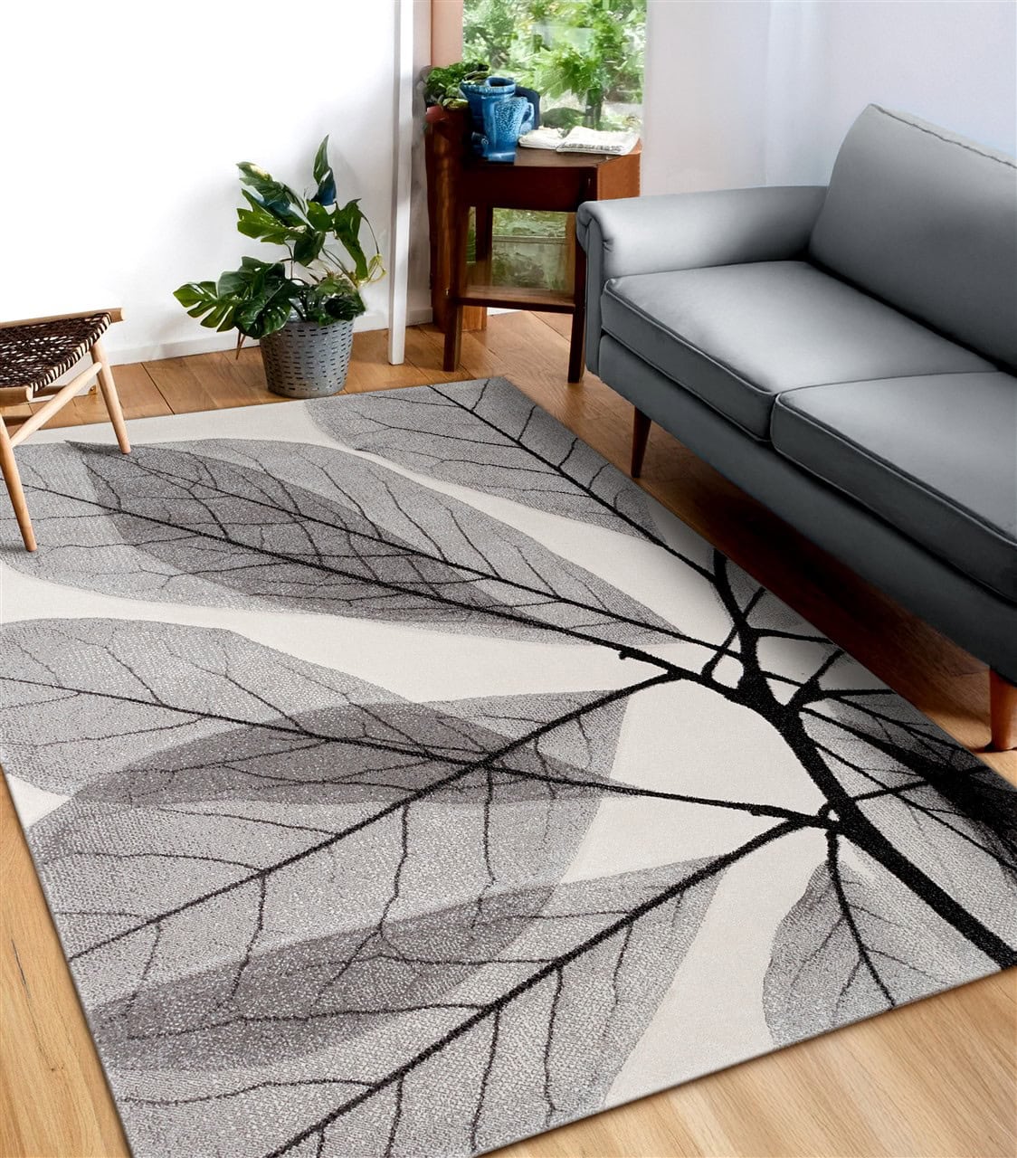 Tappeto Moderno "Foglie" Leaves Grigio Nero | Ideale per Soggiorno, Sala da Pranzo, Camera da Letto
