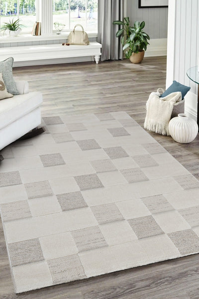 Tappeto Premium Moderno PURO Avorio - Design Geometrico a Blocchi - Ideale per Soggiorno e Camera da Letto - CarpetLiving